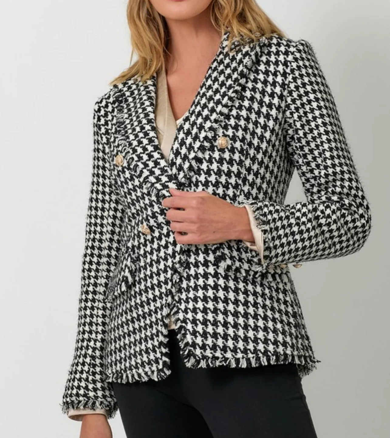 HOUNDSTOOTH FRAY  BLAZER WITH GOLD BUTTONS