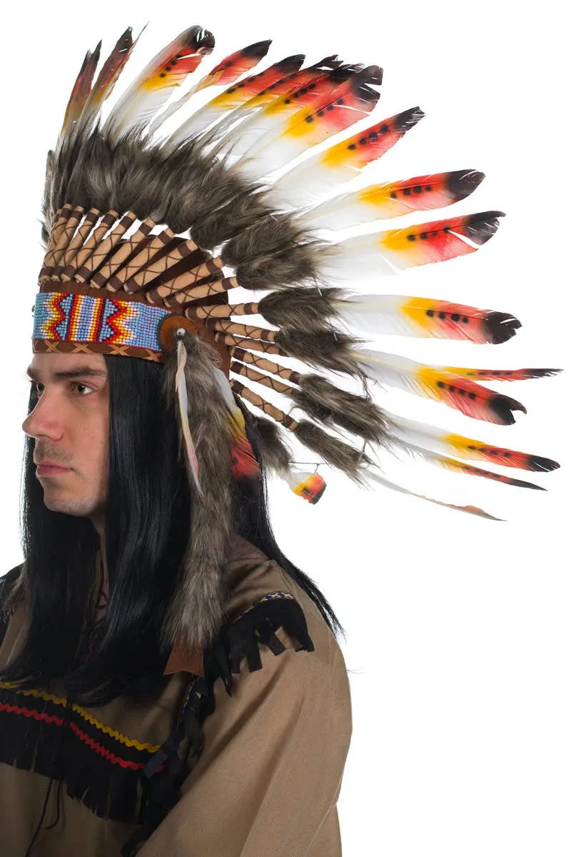 Indian Chief Authentic Red and Yellow Feather Headdress