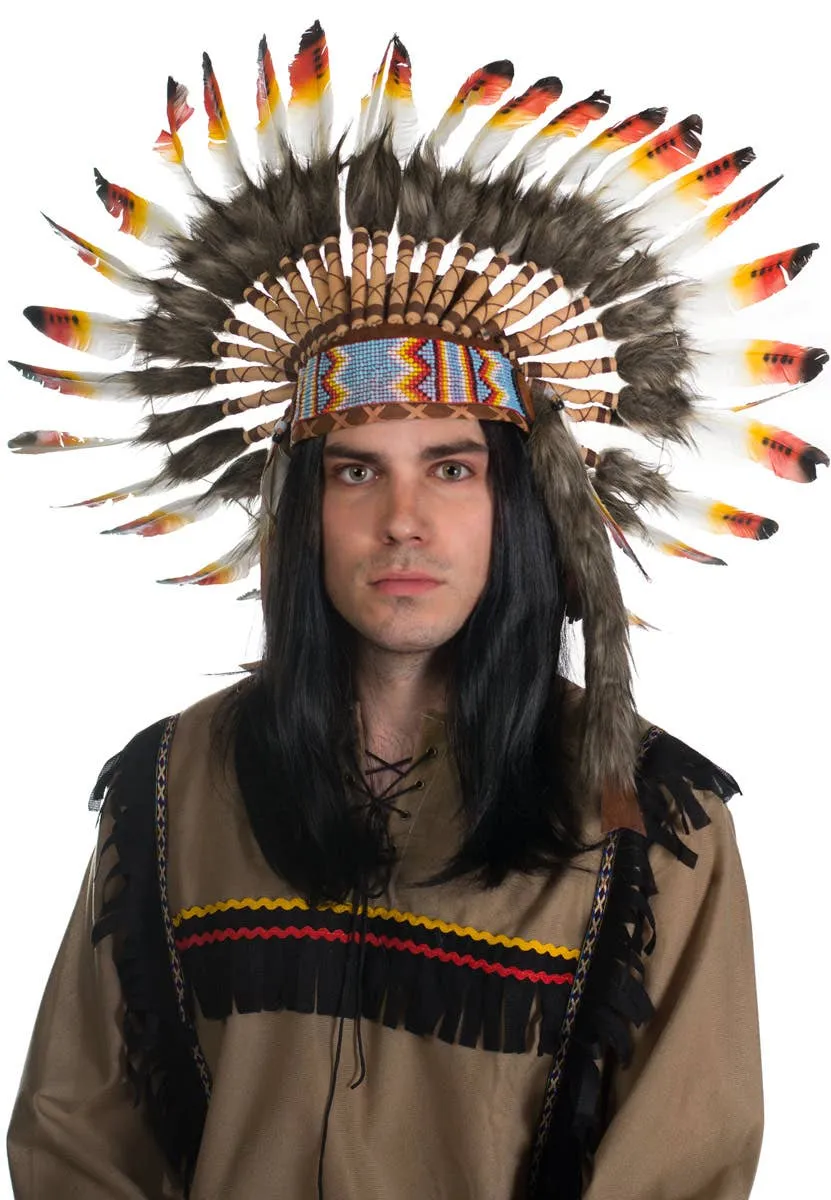 Indian Chief Authentic Red and Yellow Feather Headdress