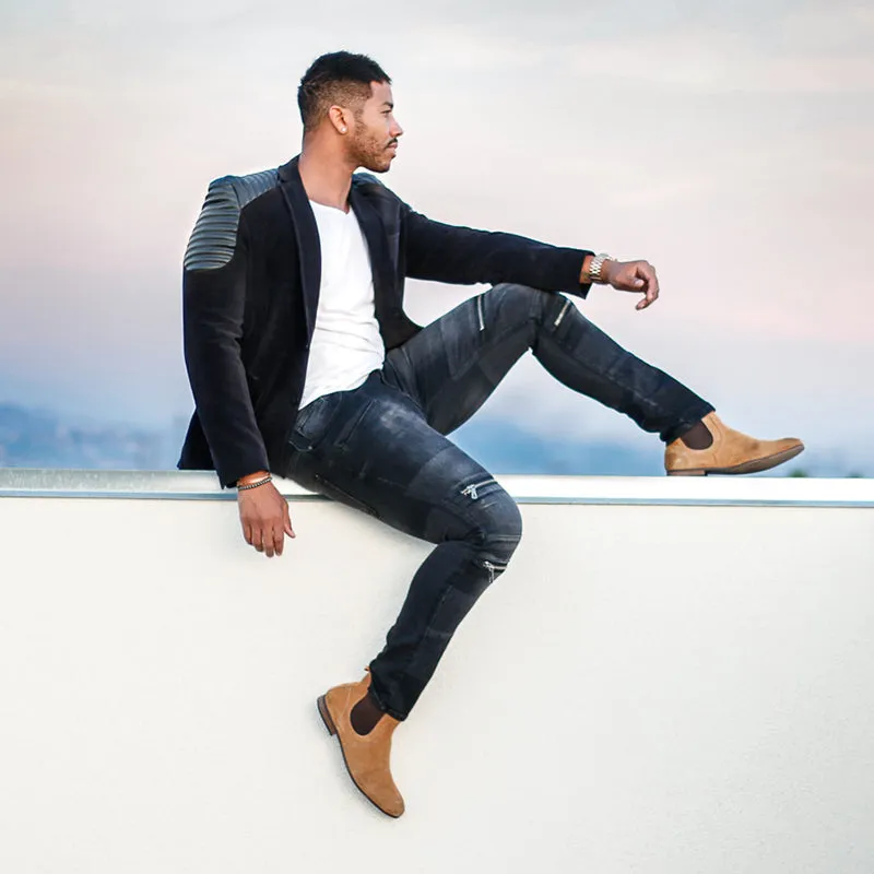 [Javid] Black Blazer With Leather Details On Shoulders