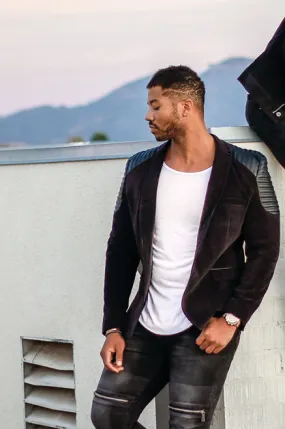 [Javid] Black Blazer With Leather Details On Shoulders