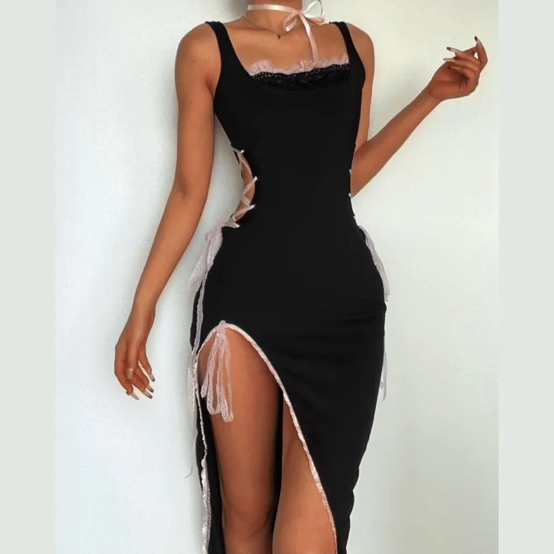 Lace up contrast sleeveless hollow out irregular cut out midi dress