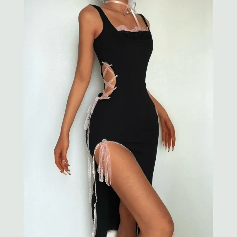 Lace up contrast sleeveless hollow out irregular cut out midi dress
