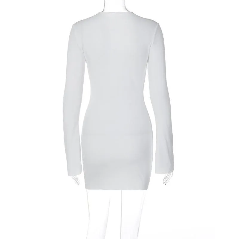 Lace up solid long sleeve ribbed self tie mini dress