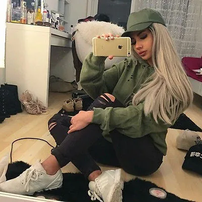 Ladies distressed cut pullover sweater