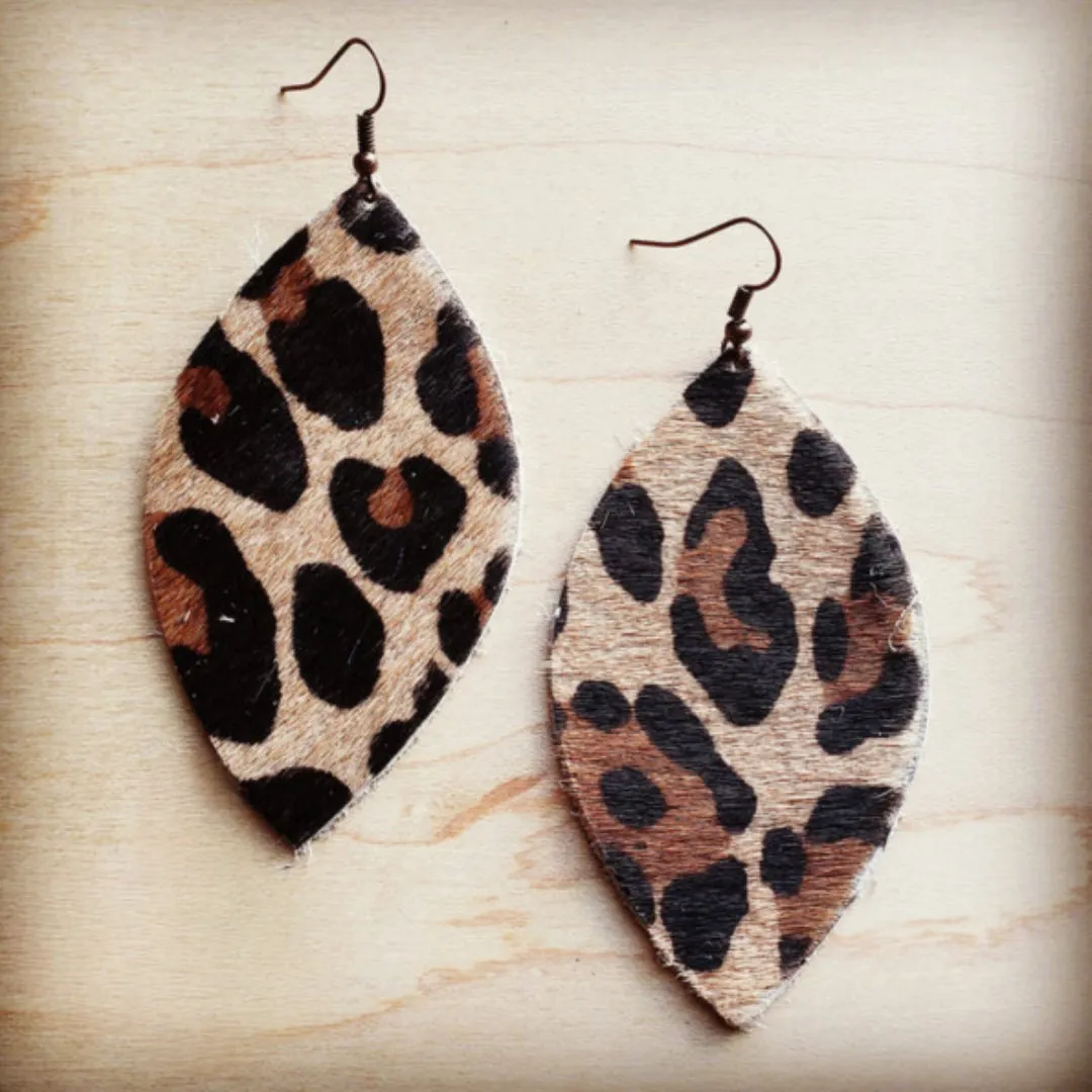 Leather Oval Earrings in Leopard Print Hair on Hide