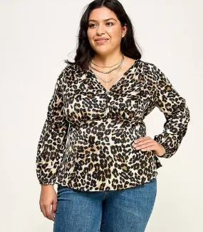 Leo, Satin Animal Babydoll Blouse, Plus