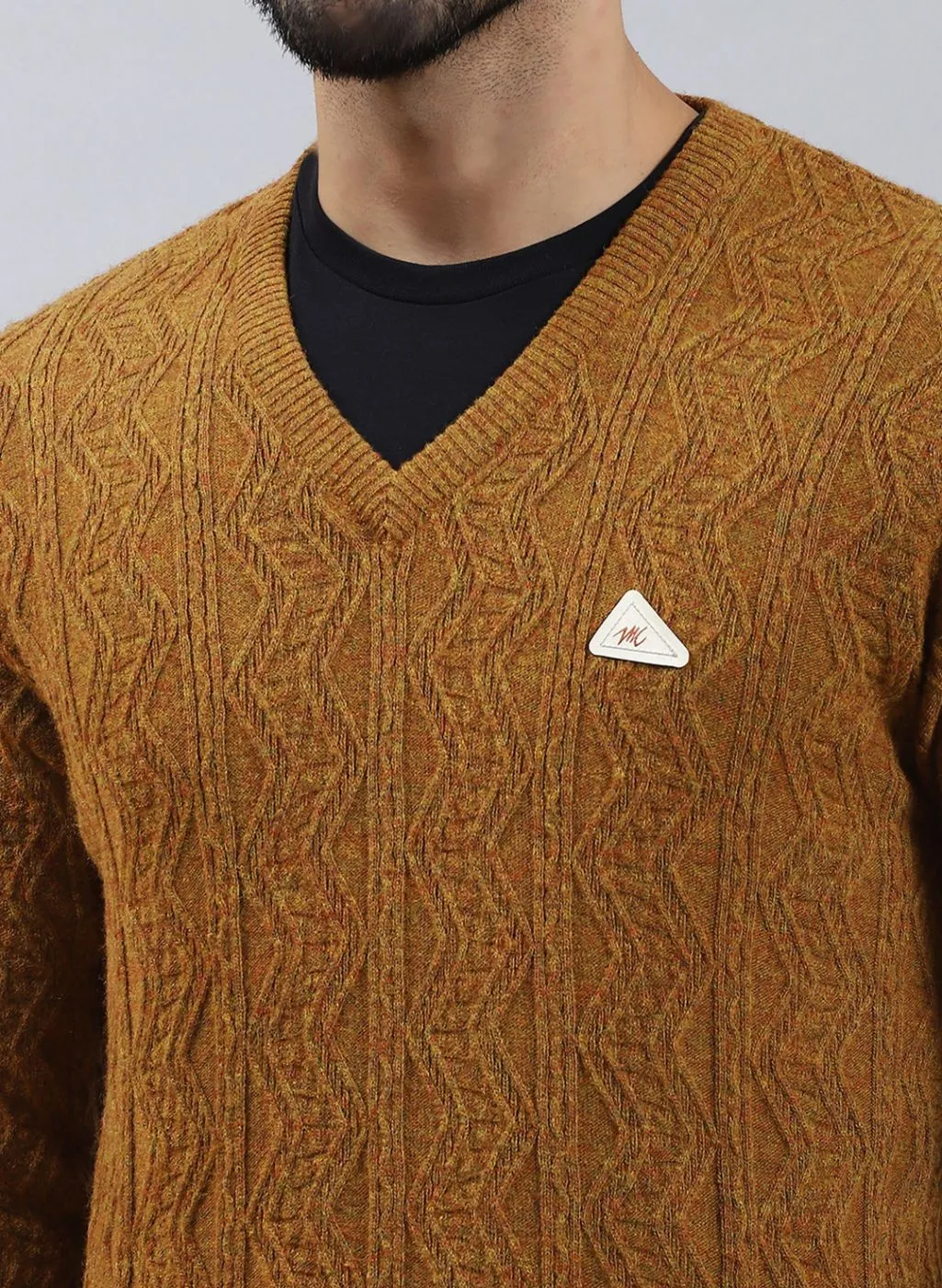 Men Brown Self Design Lamb wool Pullover
