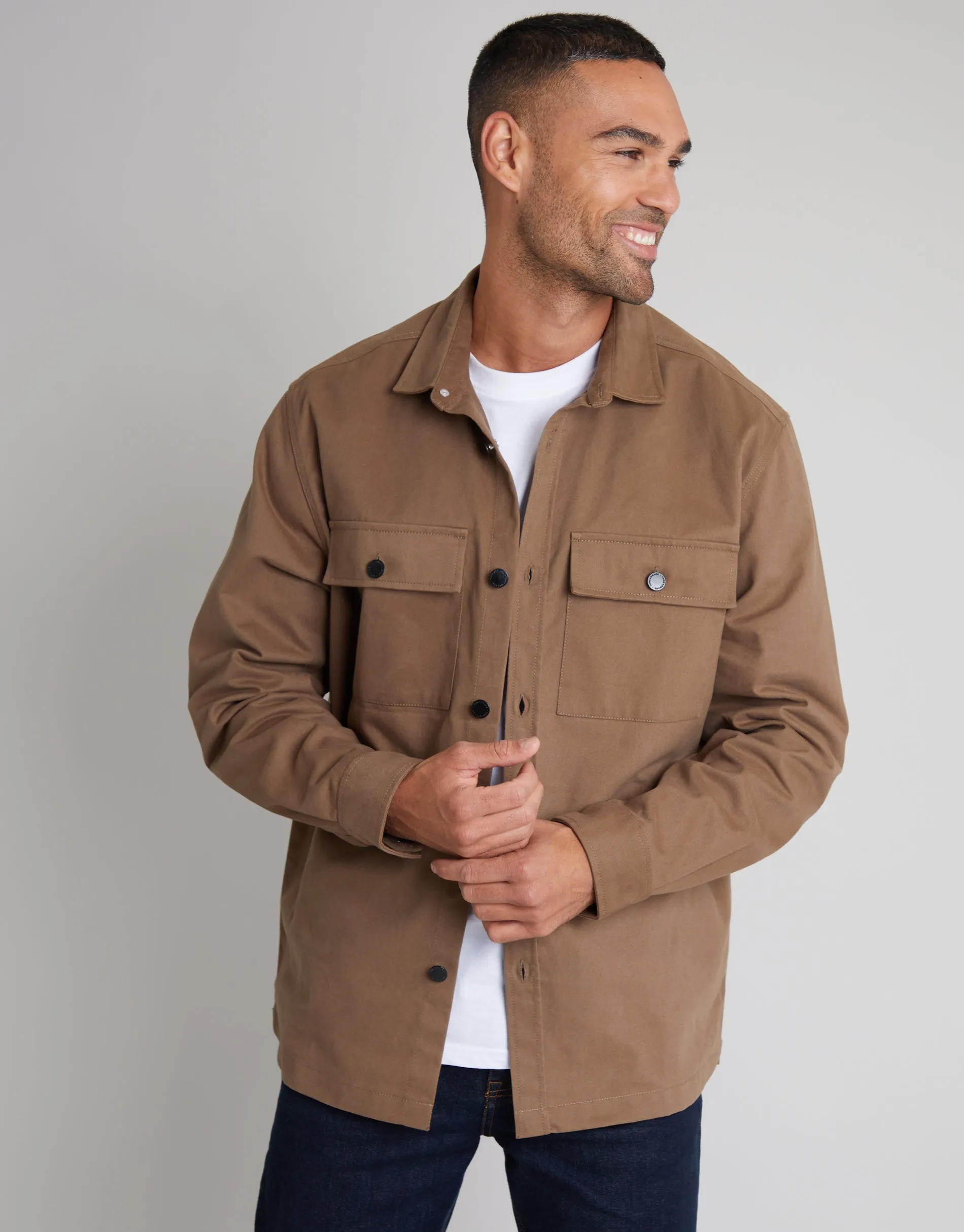 Men's Brown Cotton Twill Button Up Shacket