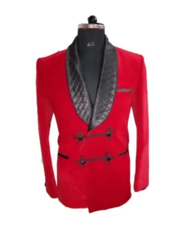 Men's Elegant Quilted Red Velvet Jacket Hosting Evening Party Wear Coat