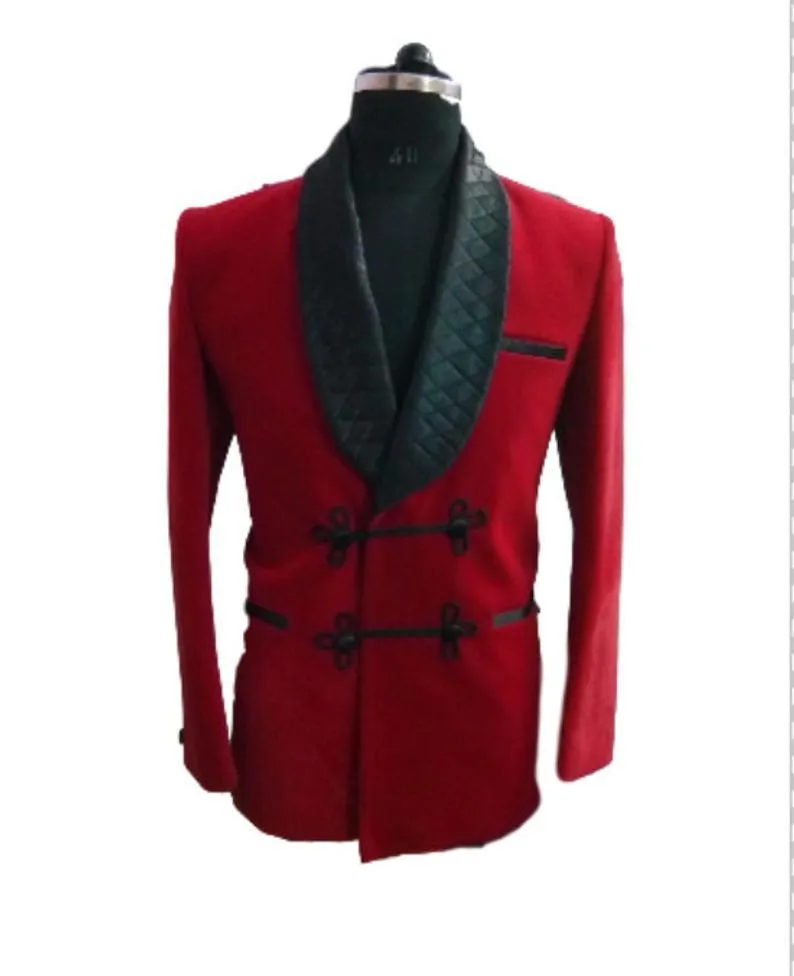 Men's Elegant Quilted Red Velvet Jacket Hosting Evening Party Wear Coat