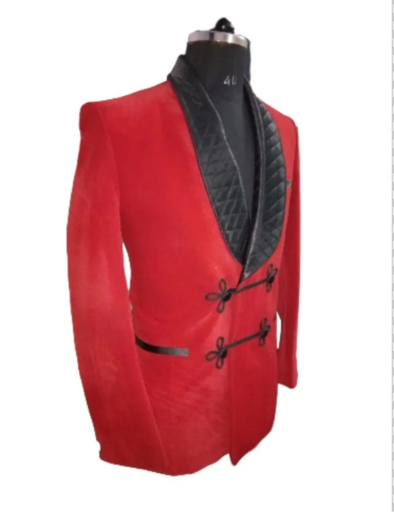Men's Elegant Quilted Red Velvet Jacket Hosting Evening Party Wear Coat