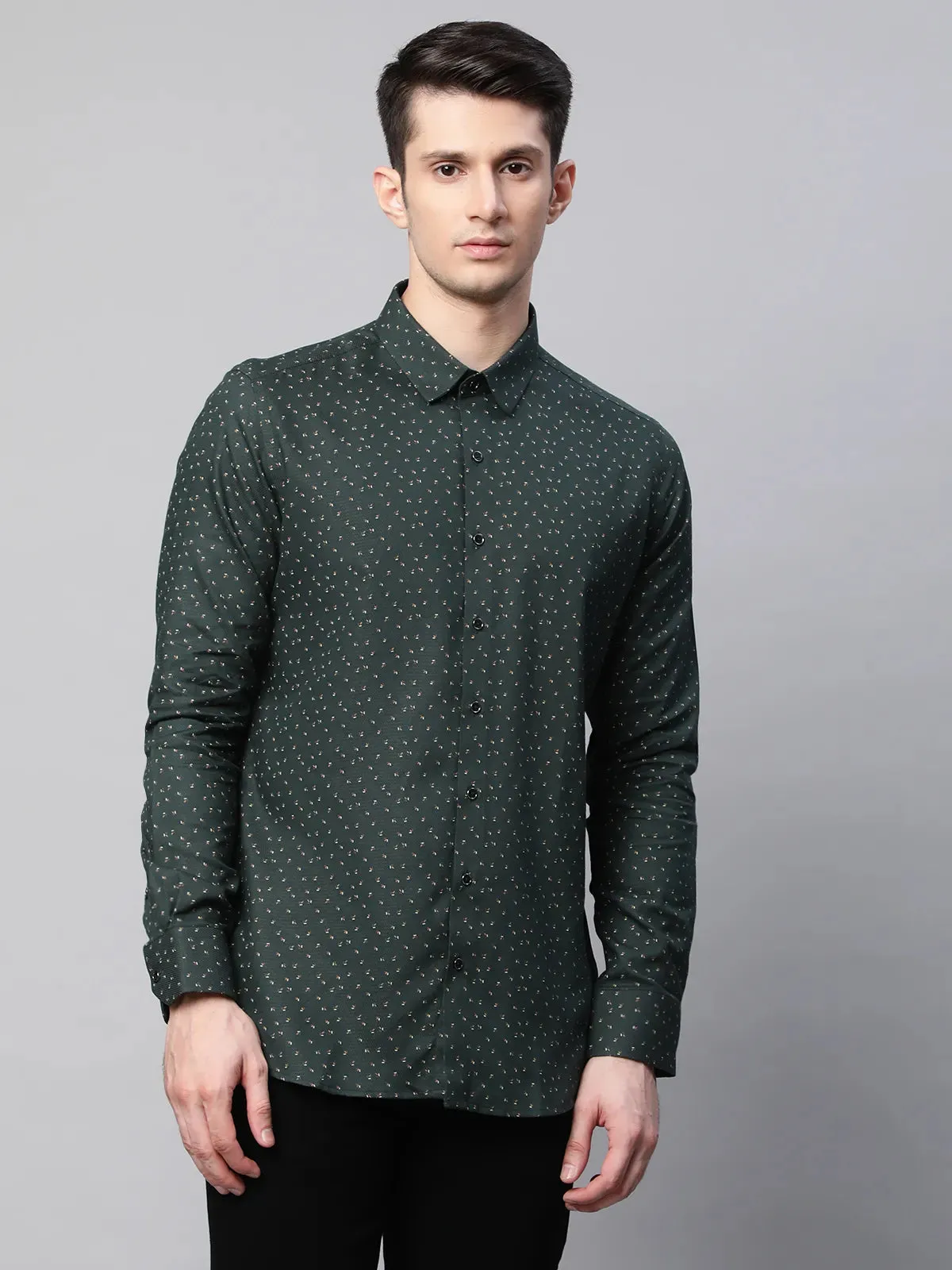 Mens Olive Regular Fit Overall Printed Shirt