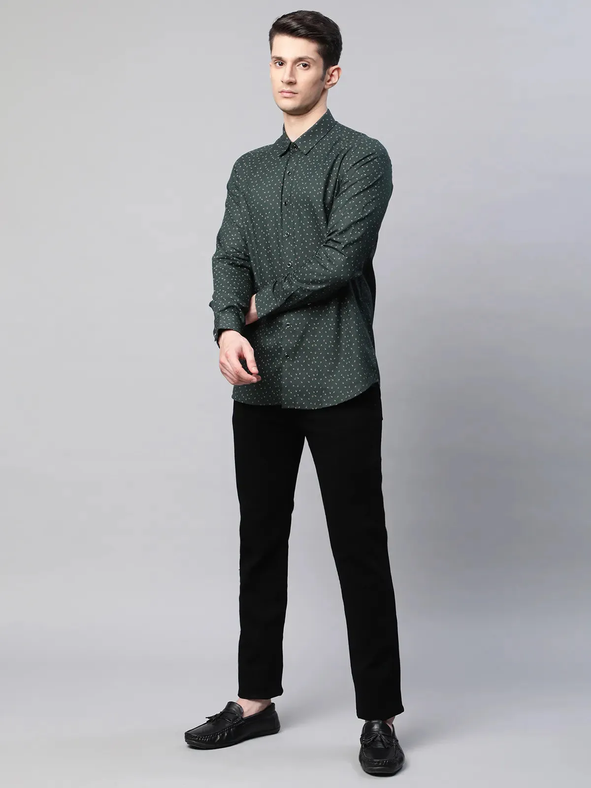 Mens Olive Regular Fit Overall Printed Shirt
