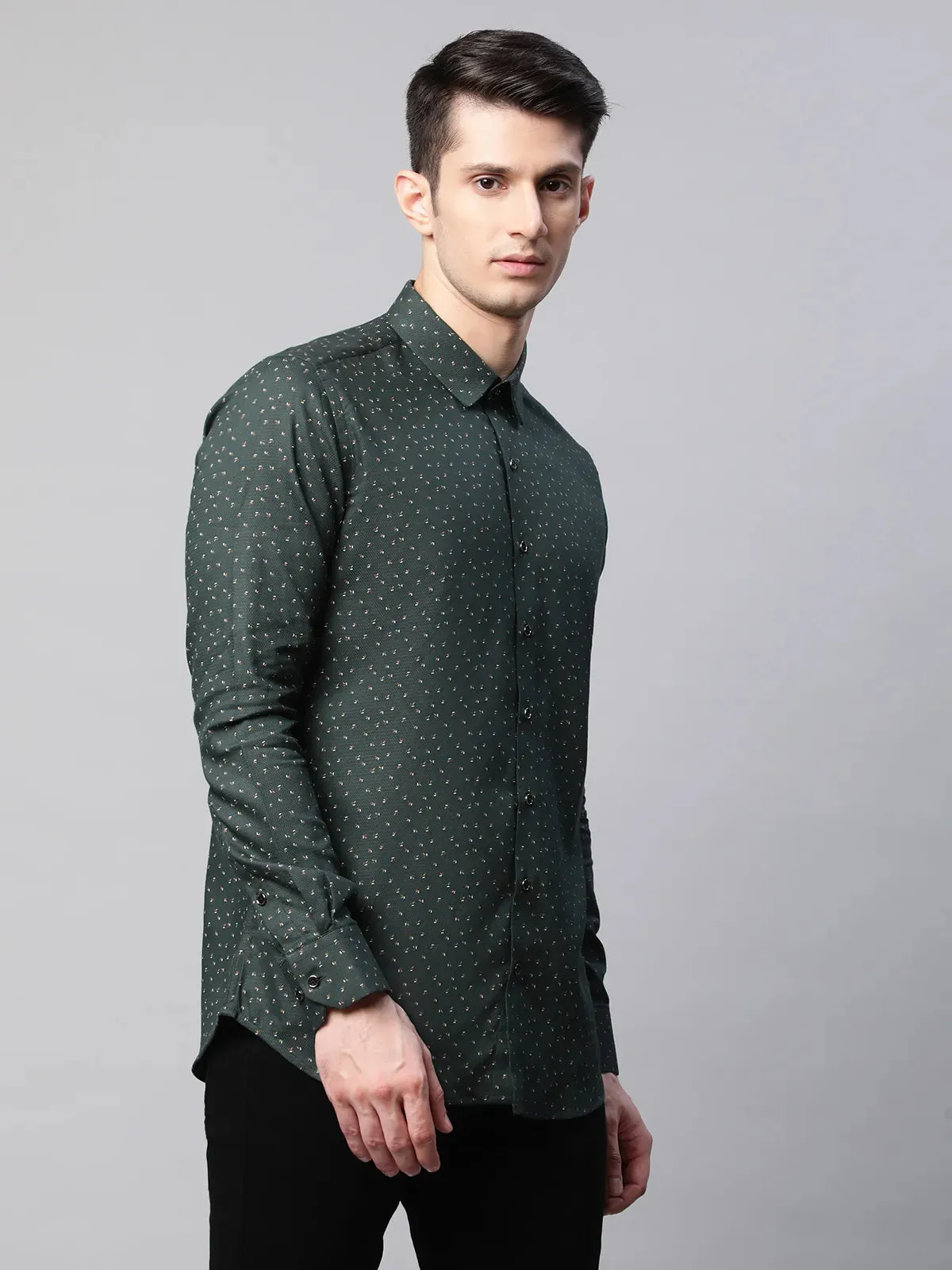 Mens Olive Regular Fit Overall Printed Shirt
