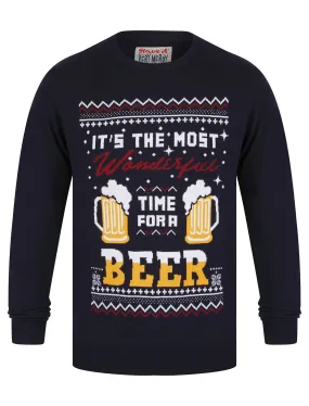 Men's Time For A Beer Novelty Knitted Christmas Jumper in Ink - Merry Christmas