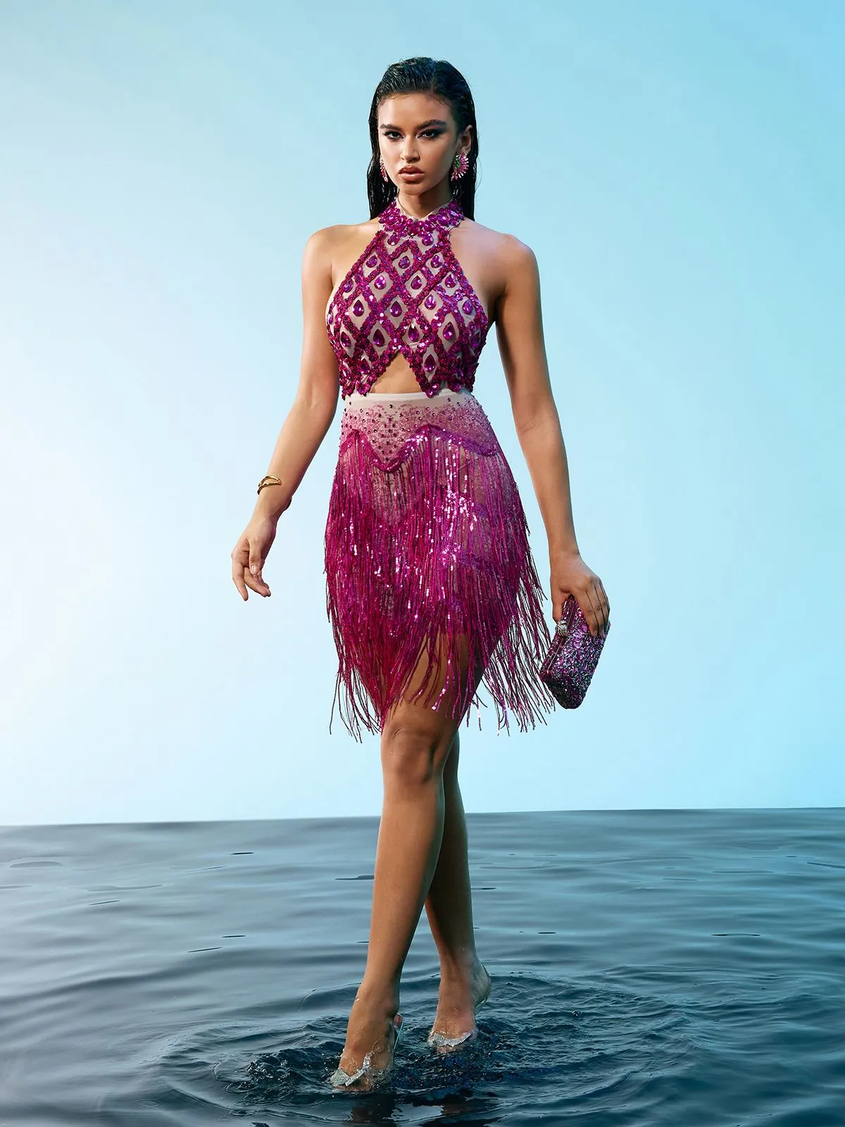 Mika Halterneck Rhinestone Fringe Dress