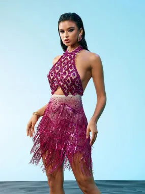 Mika Halterneck Rhinestone Fringe Dress