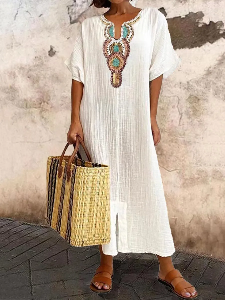 New Cotton and Hemp Embroidered Split Dress