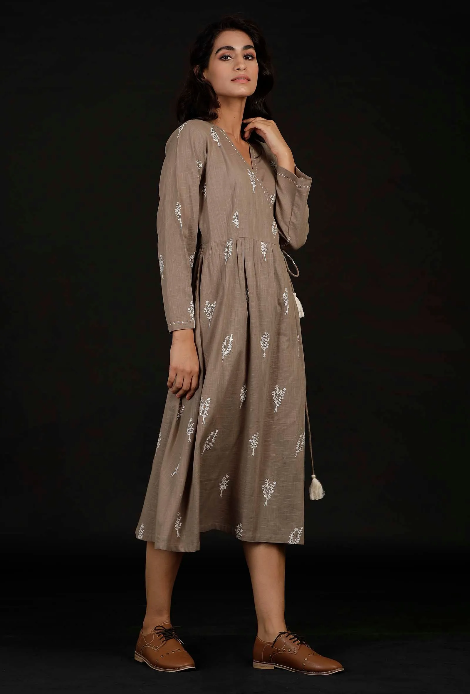 Okra Beige Block printed Angrakha Cotton Dress