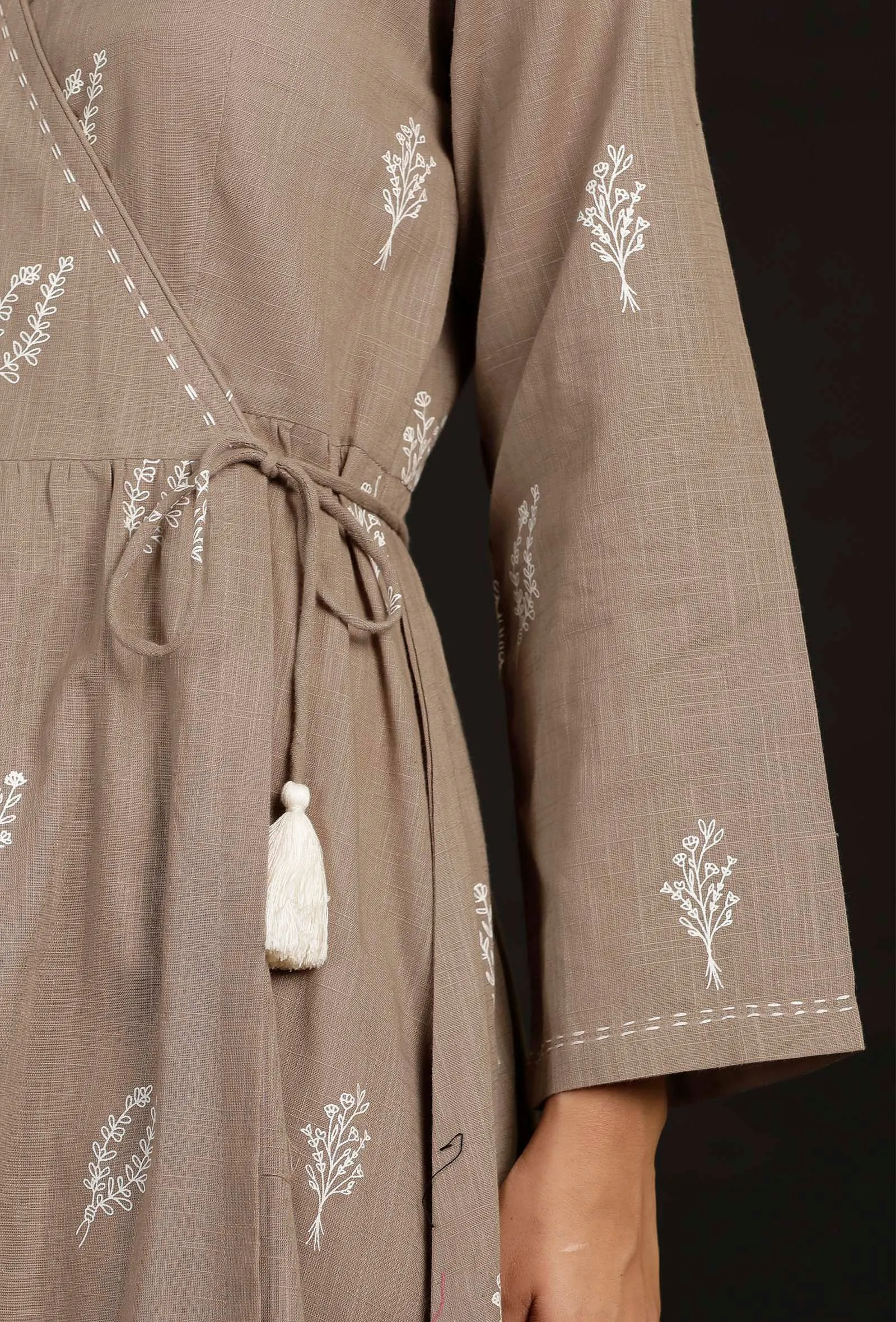 Okra Beige Block printed Angrakha Cotton Dress