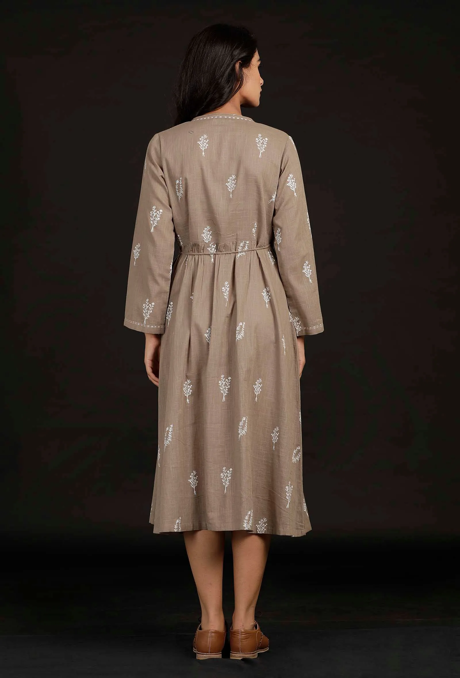 Okra Beige Block printed Angrakha Cotton Dress