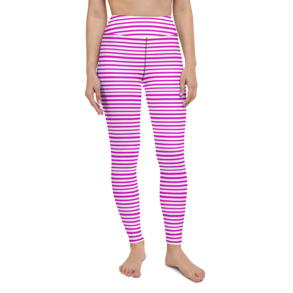 Pink White Stripes Yoga Leggings, Horizontally Striped Women's Yoga Tights-Made in USA/EU