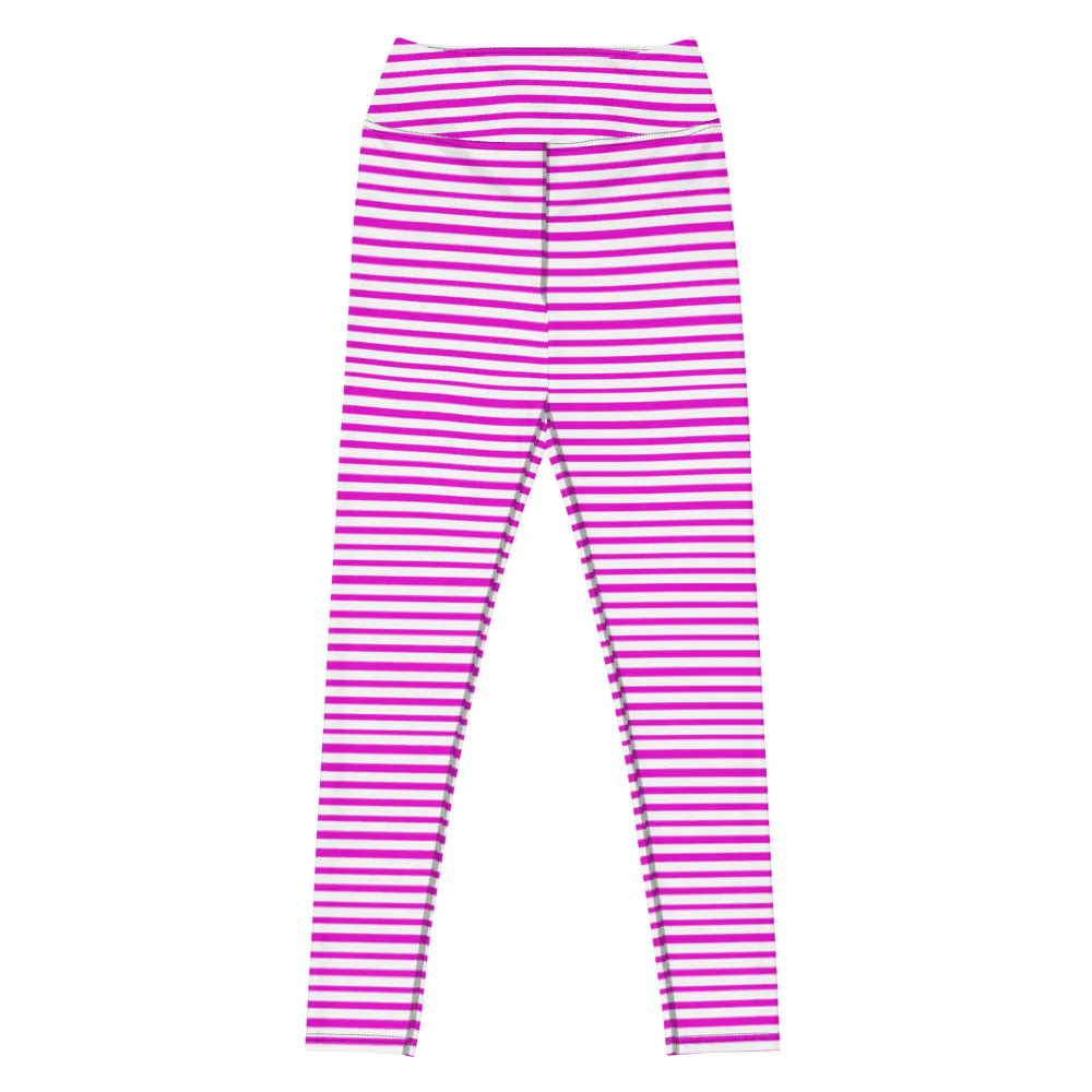 Pink White Stripes Yoga Leggings, Horizontally Striped Women's Yoga Tights-Made in USA/EU