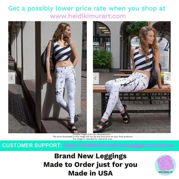 Pink White Stripes Yoga Leggings, Horizontally Striped Women's Yoga Tights-Made in USA/EU