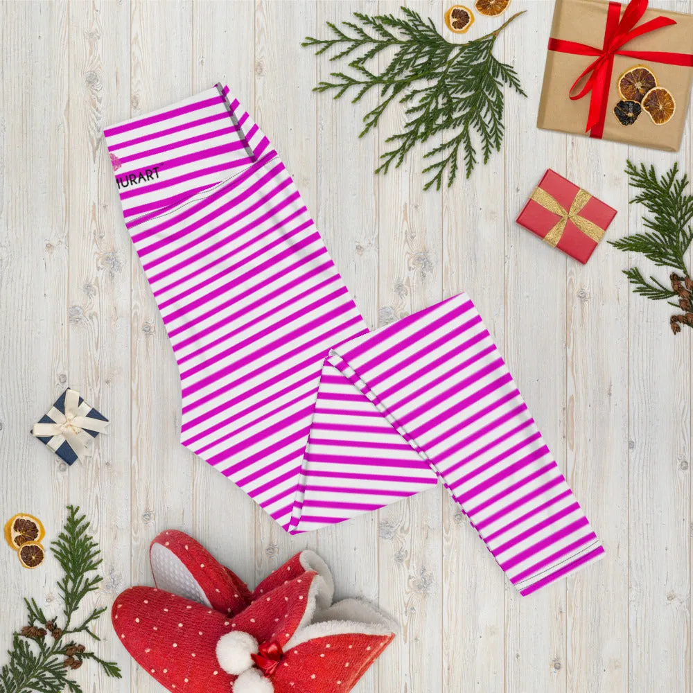 Pink White Stripes Yoga Leggings, Horizontally Striped Women's Yoga Tights-Made in USA/EU