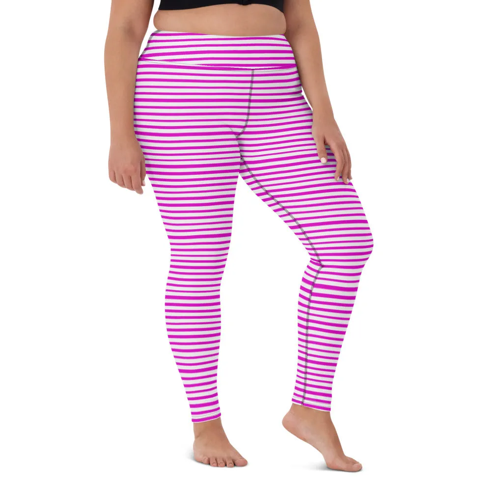 Pink White Stripes Yoga Leggings, Horizontally Striped Women's Yoga Tights-Made in USA/EU