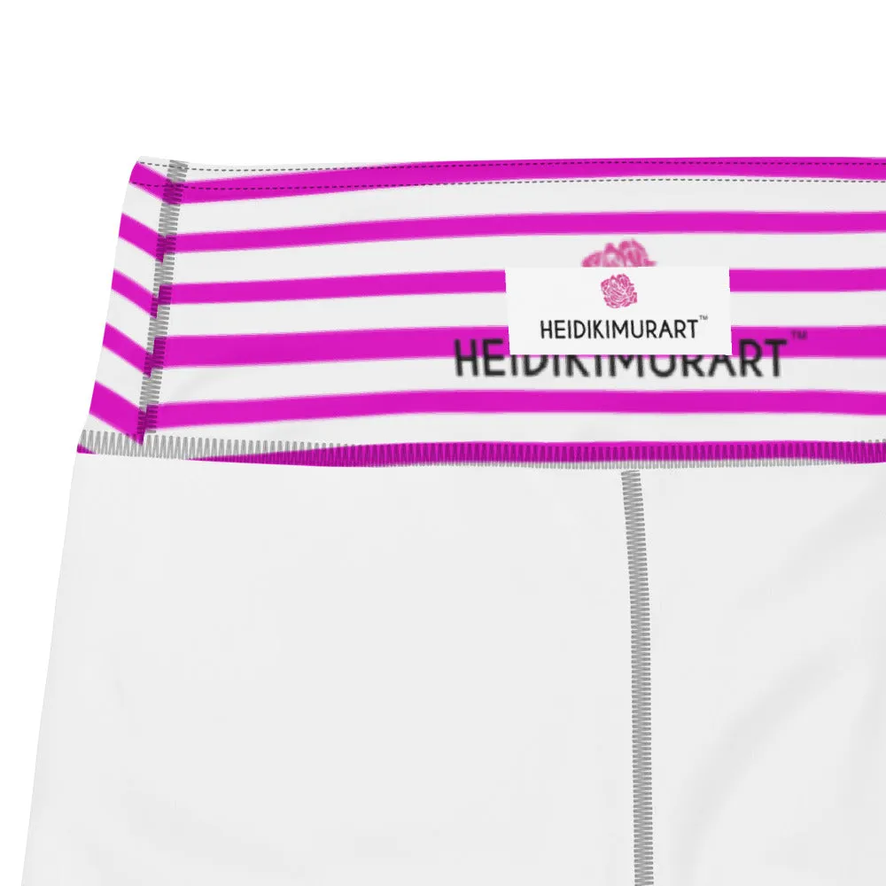 Pink White Stripes Yoga Leggings, Horizontally Striped Women's Yoga Tights-Made in USA/EU