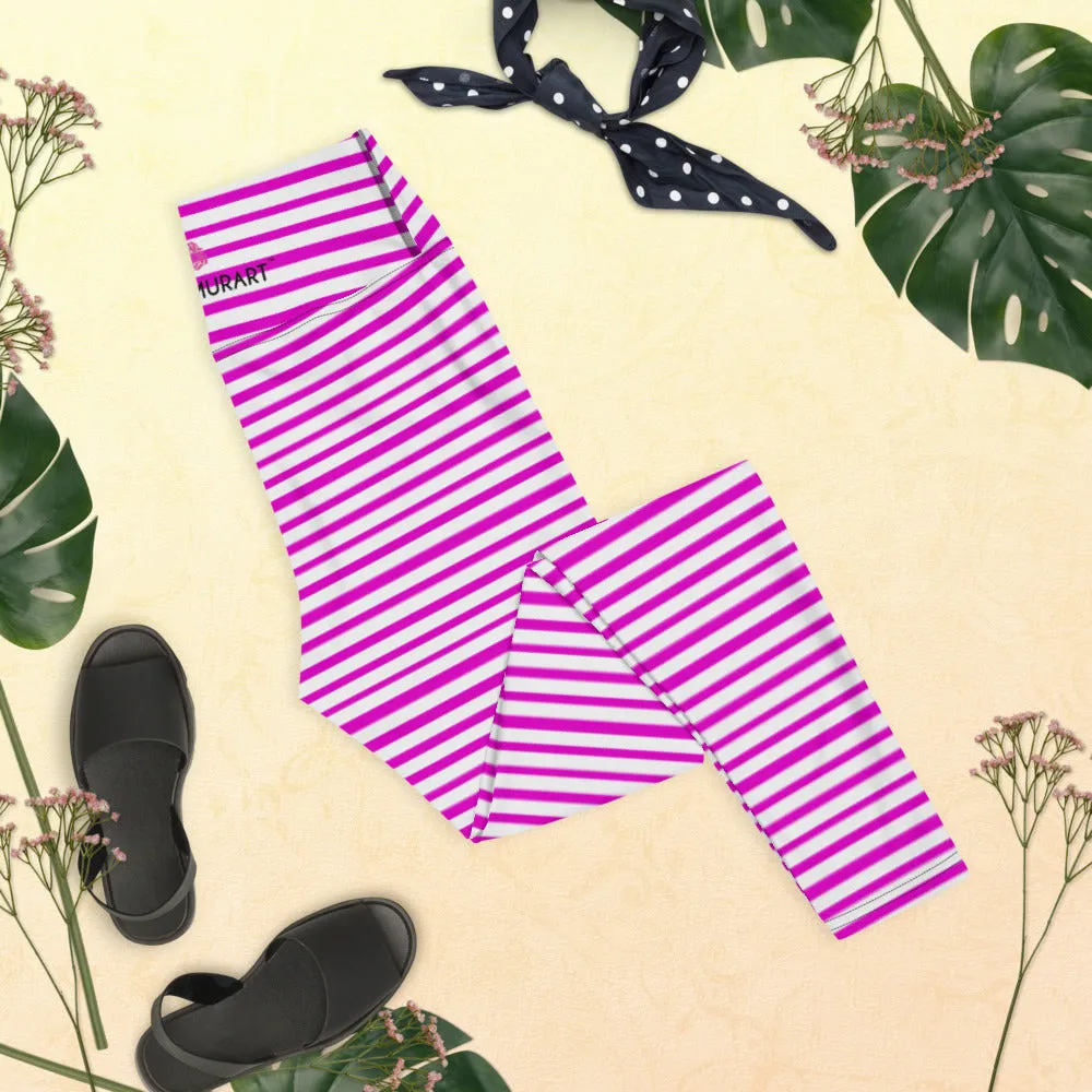 Pink White Stripes Yoga Leggings, Horizontally Striped Women's Yoga Tights-Made in USA/EU