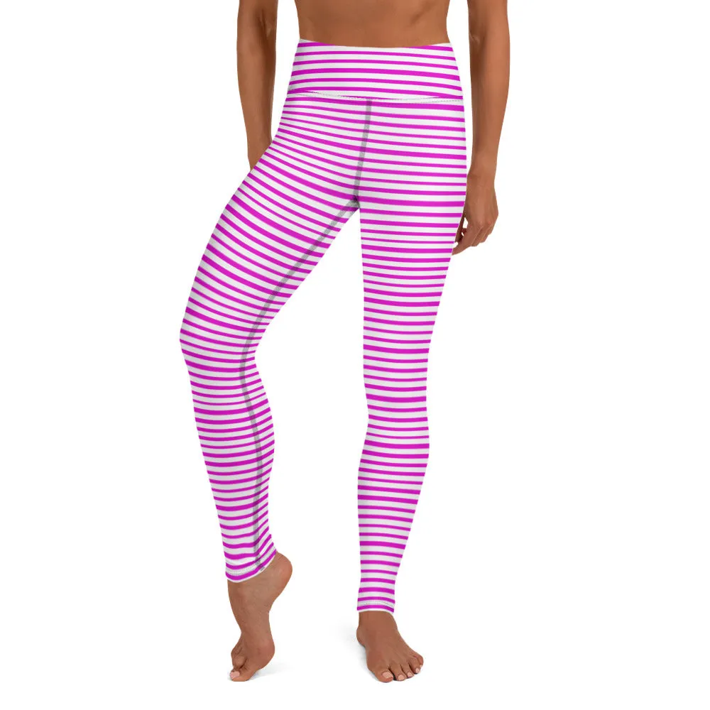 Pink White Stripes Yoga Leggings, Horizontally Striped Women's Yoga Tights-Made in USA/EU