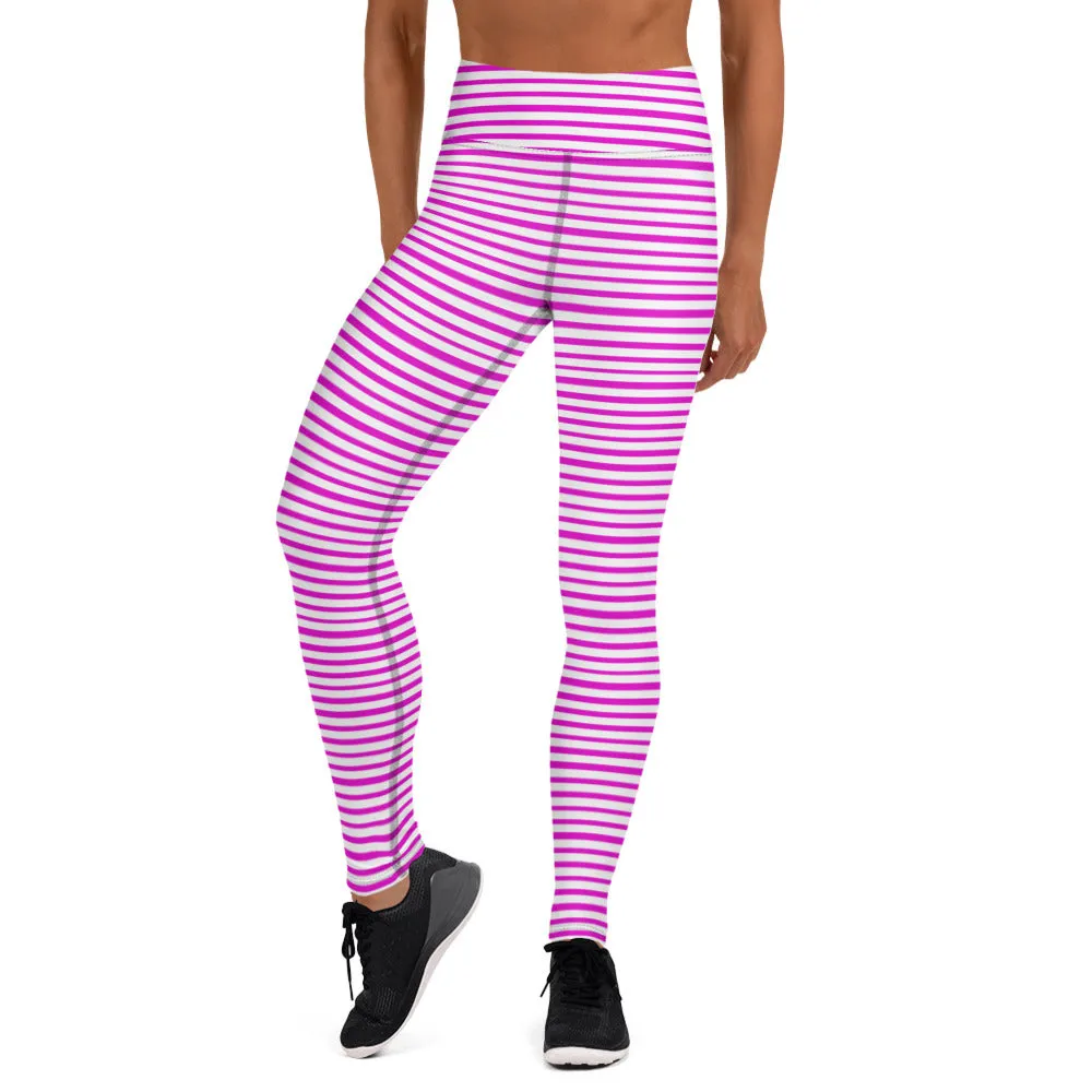 Pink White Stripes Yoga Leggings, Horizontally Striped Women's Yoga Tights-Made in USA/EU