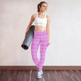 Pink White Stripes Yoga Leggings, Horizontally Striped Women's Yoga Tights-Made in USA/EU