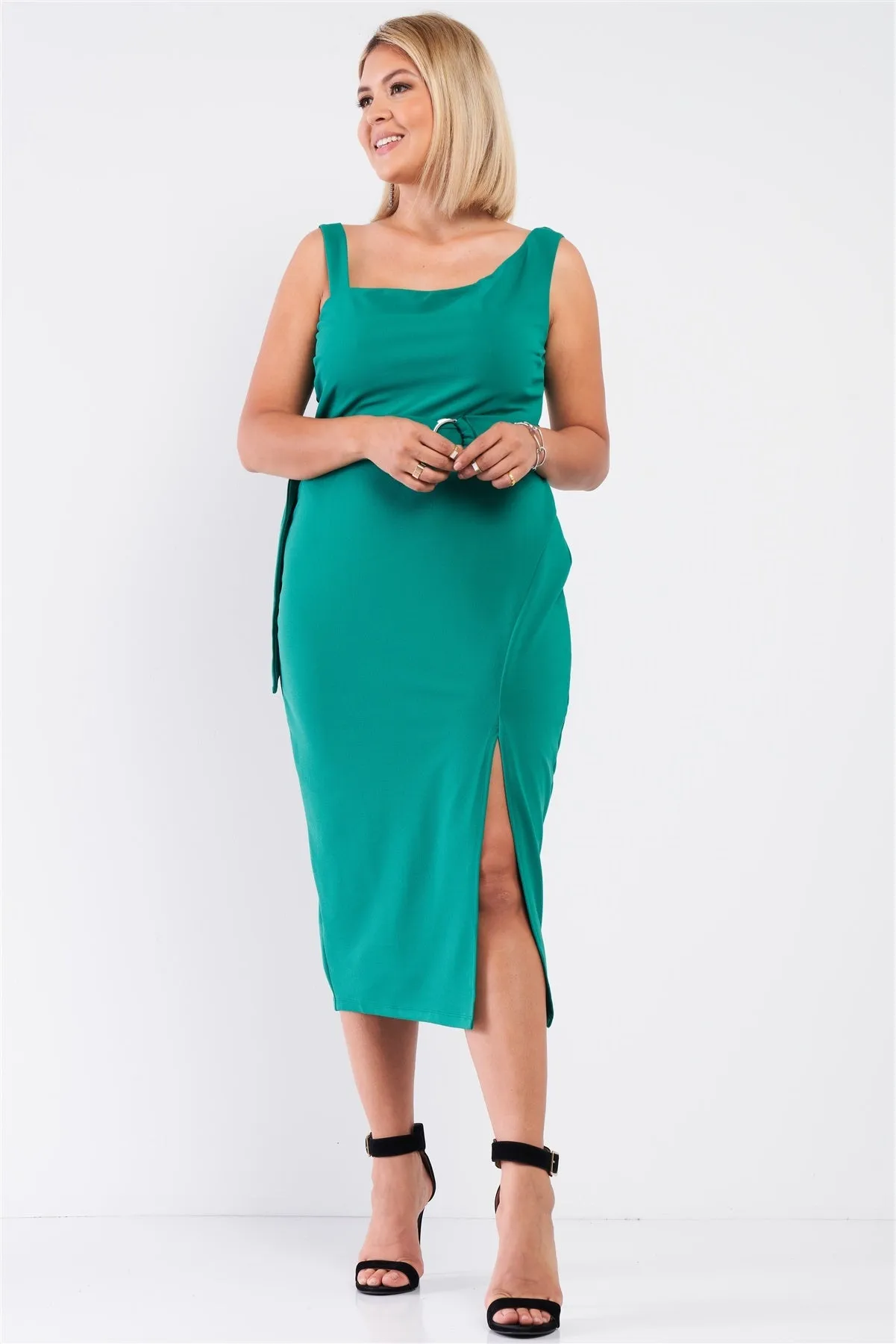 Plus Sleeveless Asymmetrical Shoulder Front Slit Detail Belted Dress