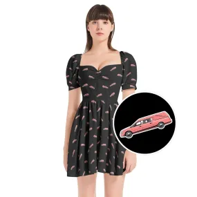 Puff Sleeve Sweetheart Neck Short Dress - Pink Hearse Sticker on Black