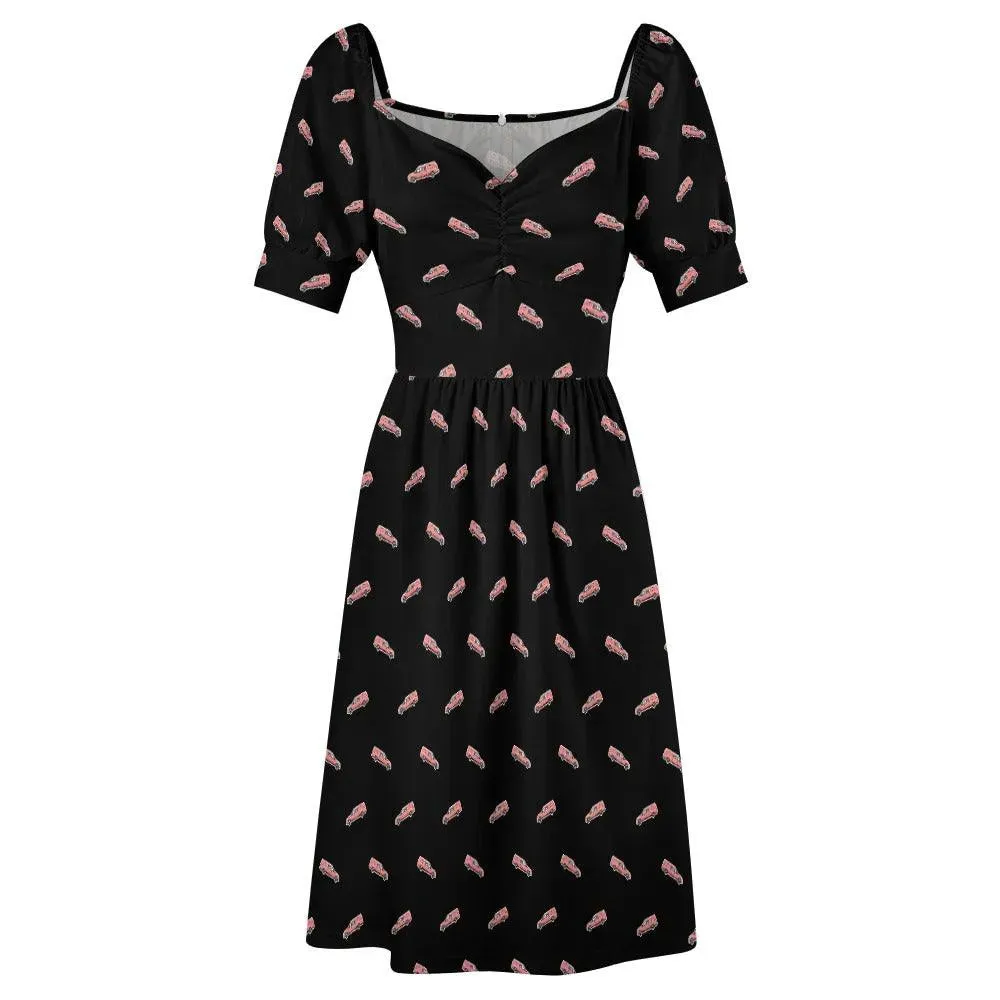 Puff Sleeve Sweetheart Neck Short Dress - Pink Hearse Sticker on Black