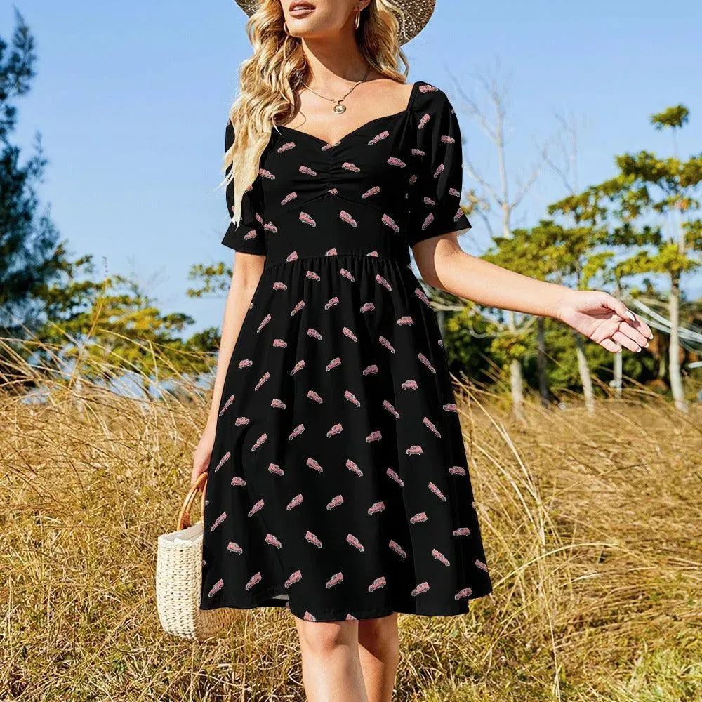 Puff Sleeve Sweetheart Neck Short Dress - Pink Hearse Sticker on Black