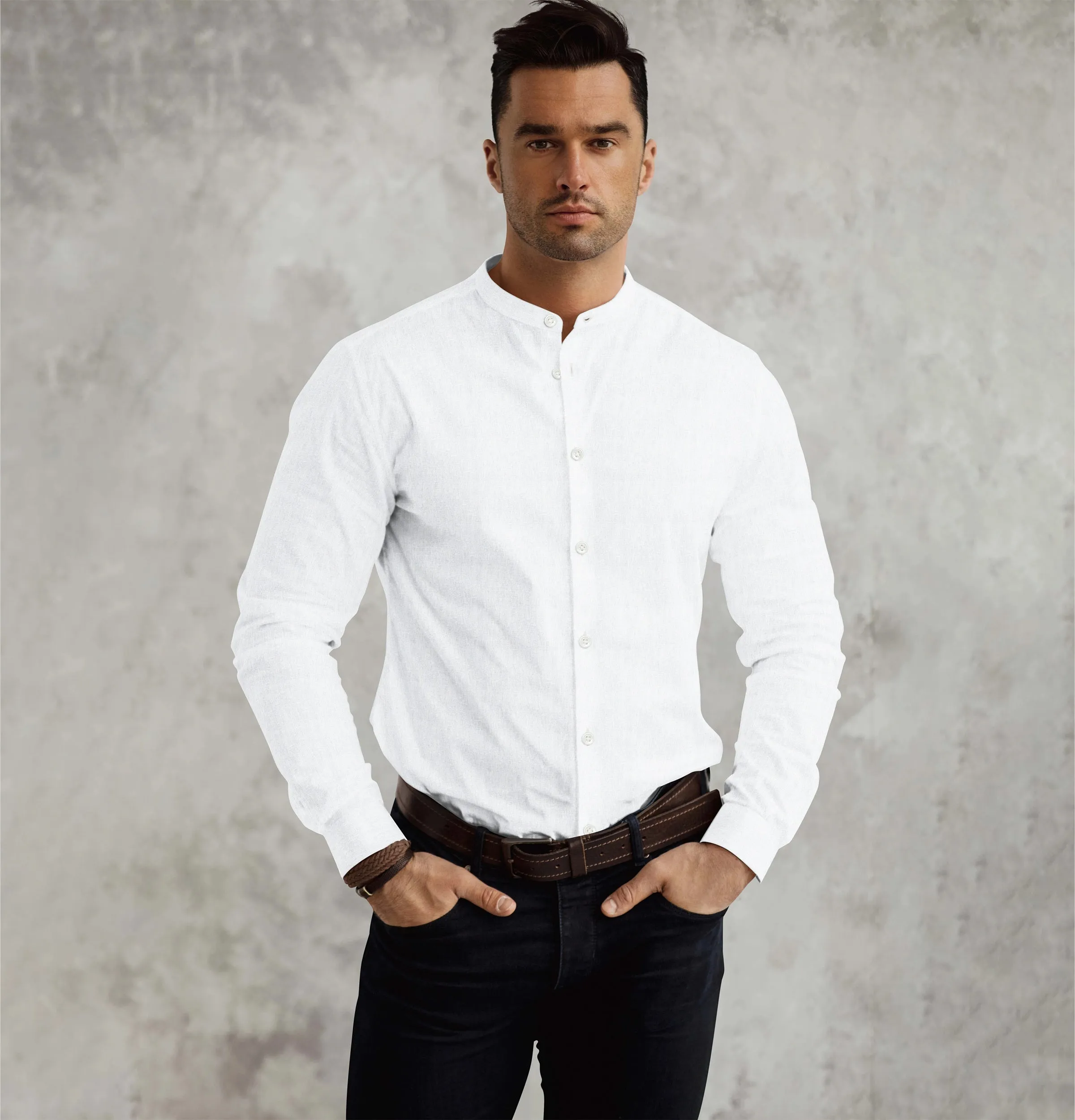 Pure Linen - Band Collar - White