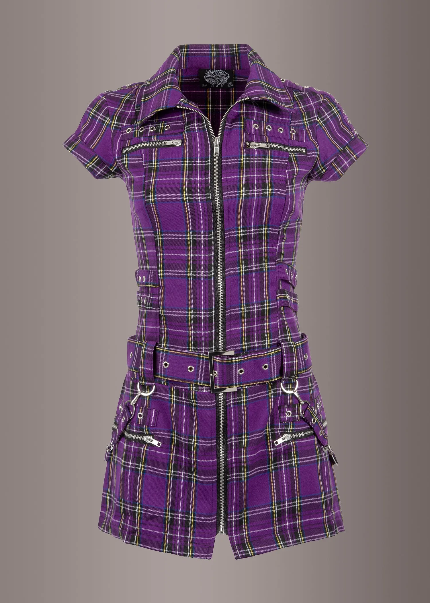 Purple Plaid Tartan Punk Mini Dress with Buckles and Lacing