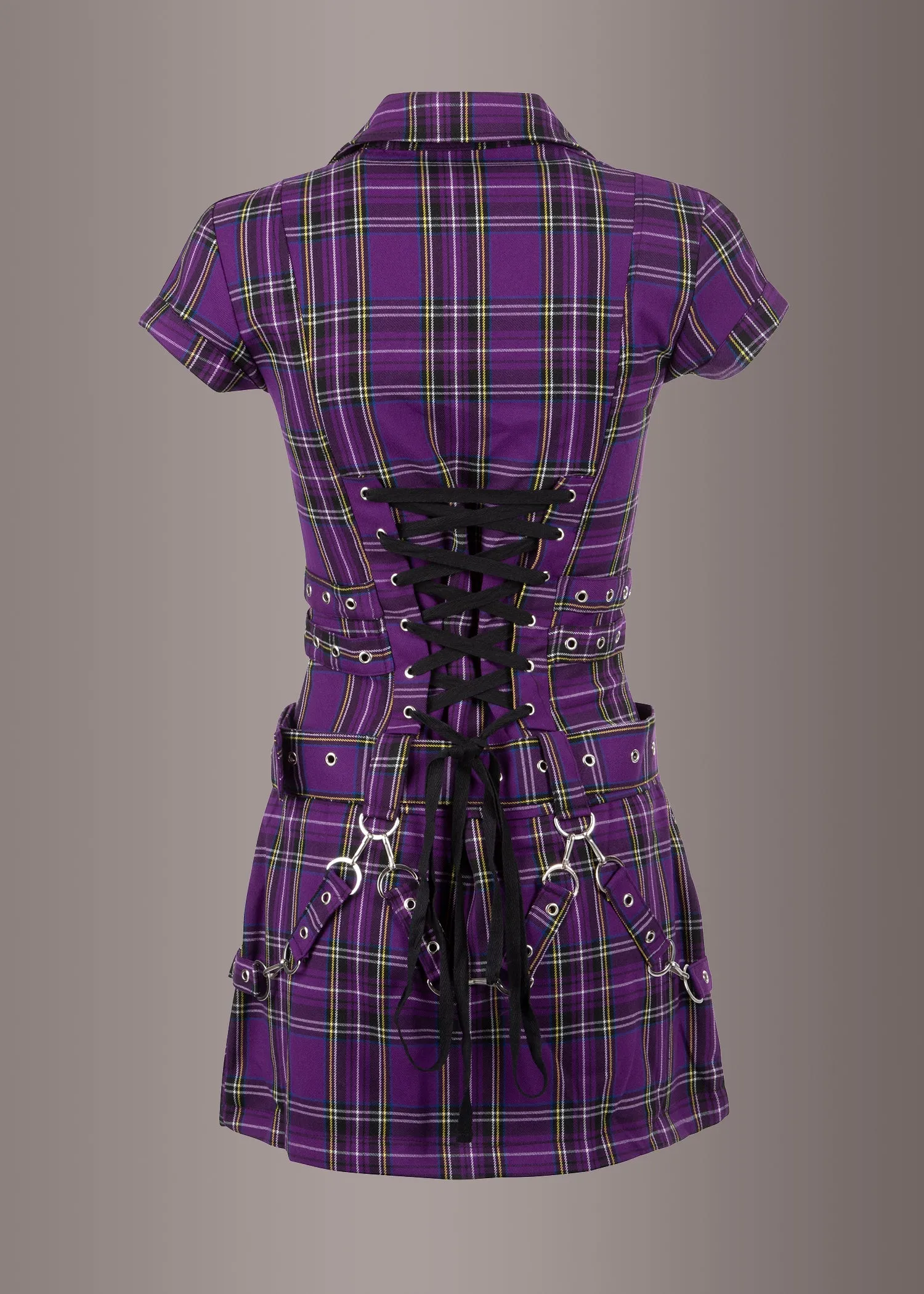 Purple Plaid Tartan Punk Mini Dress with Buckles and Lacing