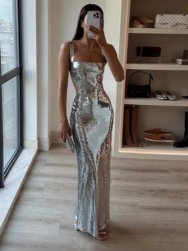 Radiant Elegance in Silver - Lady Glams Sexy Sling Backless Maxi Dress