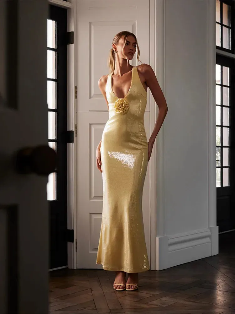 Radiant Elegance in Silver - Lady Glams Sexy Sling Backless Maxi Dress