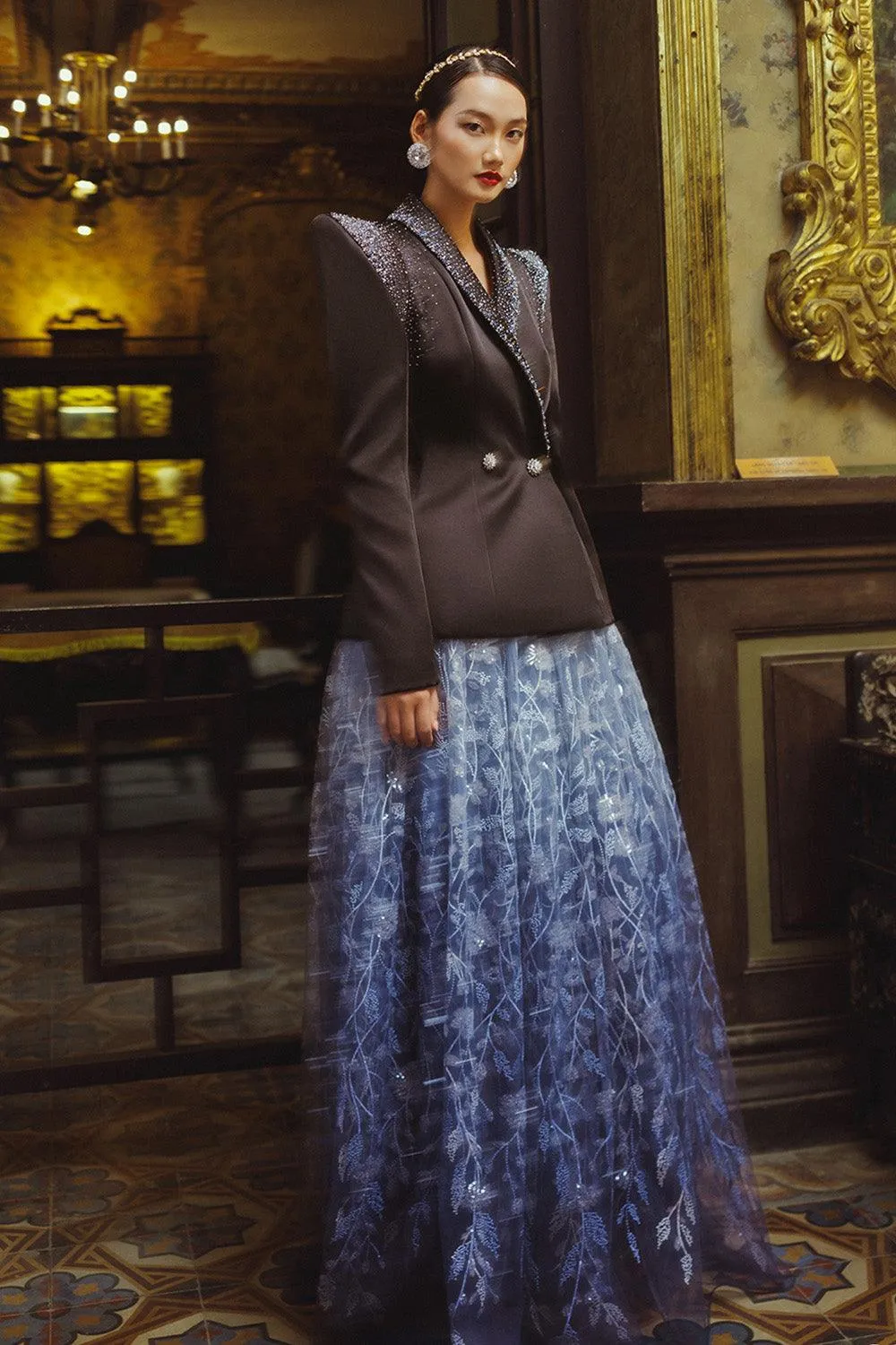 Radianza A-line V-Neck Taffeta Floor Length Set