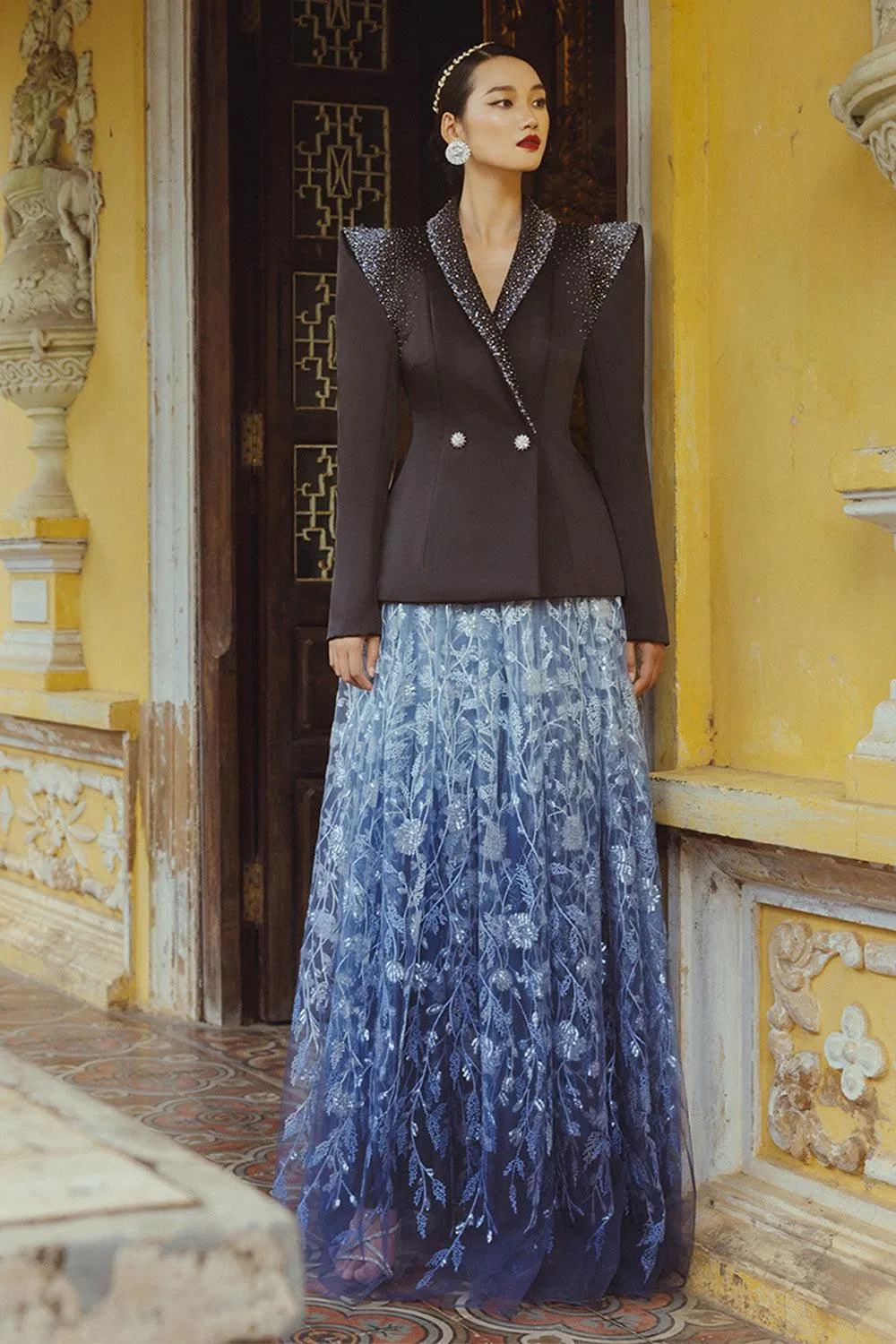 Radianza A-line V-Neck Taffeta Floor Length Set