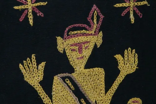 Rare old ceremonial hand spun hand woven black hemp textile loin cloth, Protective royal ancestor motif guarded by marine animals, Embroidery is hand twisted bark rope fiber twine. Melolo Village Sumba Indonesia (RE2) 35" x 13.5"