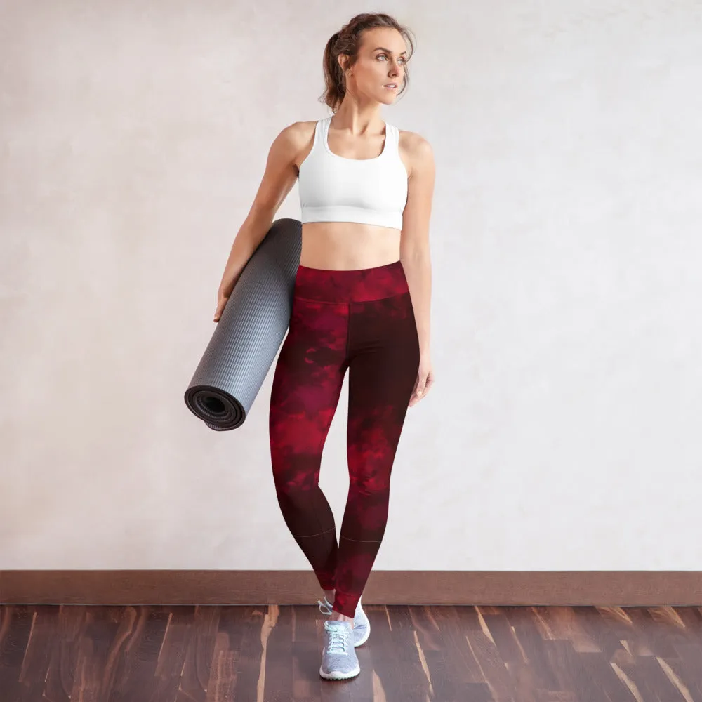Red Abstract Long Yoga Leggings, Modern Women's Gym Workout Tights-Made in USA/EU