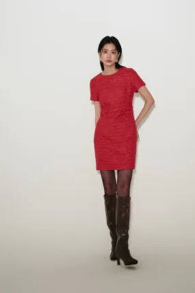 Red Tweed Fitted Round Neck Dress